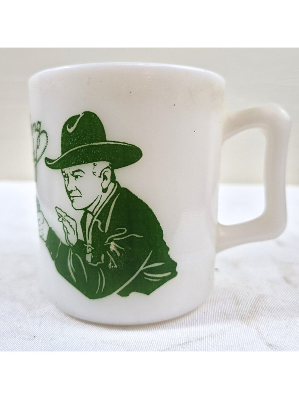 Vintage Hopalong Cassidy Milk Glass Mug With Western Green Graphics Cowboy Theme